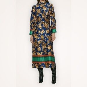 Zara Womens Navy Blue‎ & Gold Floral Print Button Up Midi Dress Women Size XS